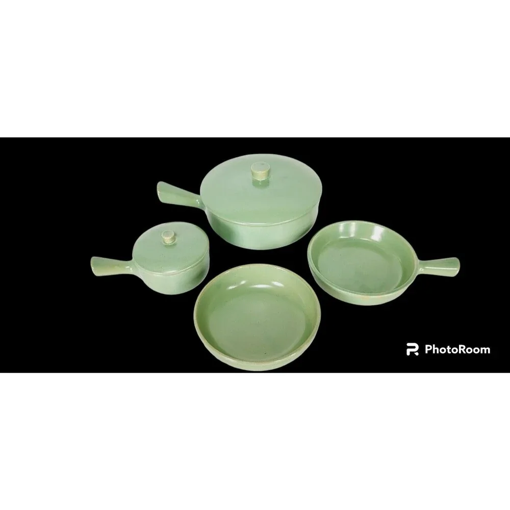 VTG 40s 50s MCM La Solana Stoneware Pottery Cookware Set Pots Pans & Bowl Green